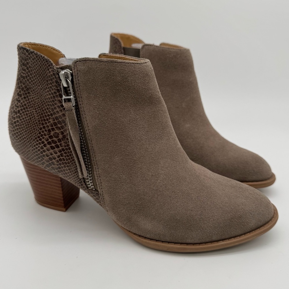 Vionic Anne Beige Suede Leather Snakeskin Side Zip Heeled Bootie Size 8.5